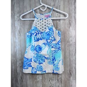 Lilly Pulitzer Larina Tank Top 00 Blue Turquoise Resort Halter Eyelet Beachy